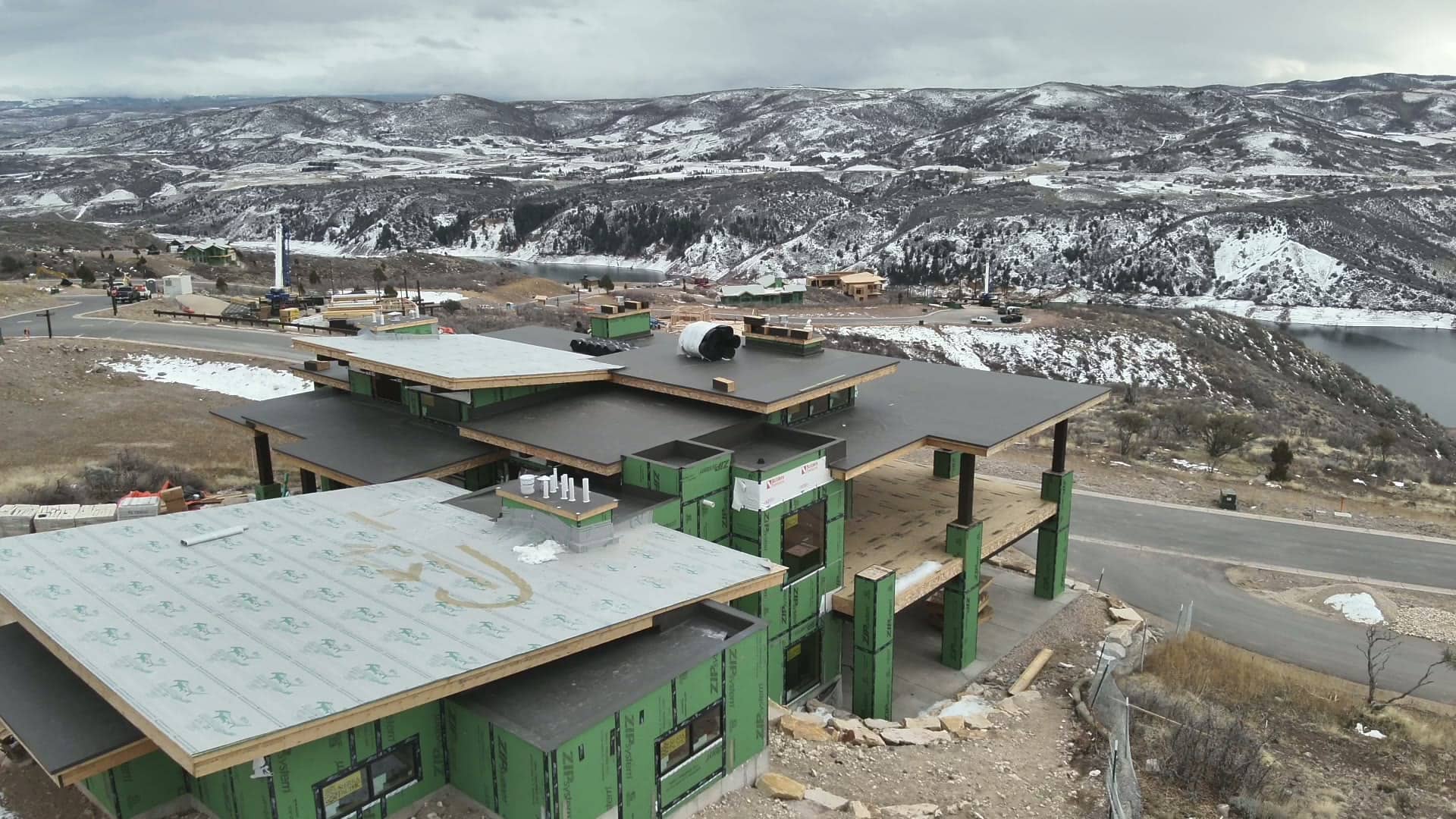 Aerial view of custom homes at Tuhaye with Legacy Roofing shingle roofs